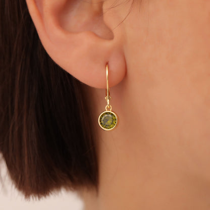 Round Peridot Bezel Dangle Earrings in 14K Solid Gold | August Birthstone Queen Jewelry Earrings