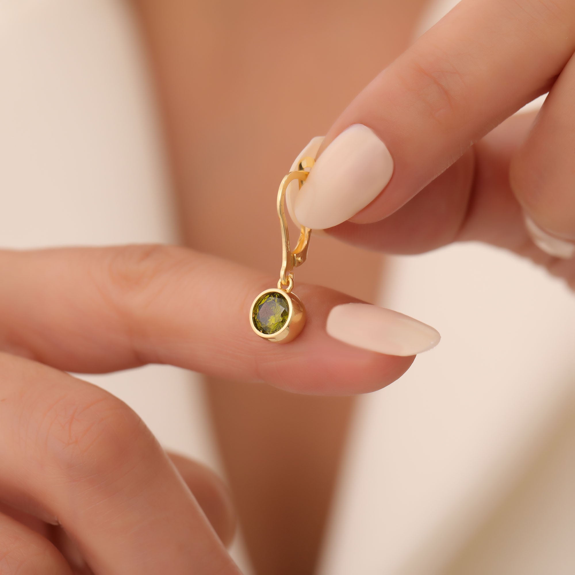 Round Peridot Bezel Dangle Earrings in 14K Solid Gold | August Birthstone Queen Jewelry Earrings