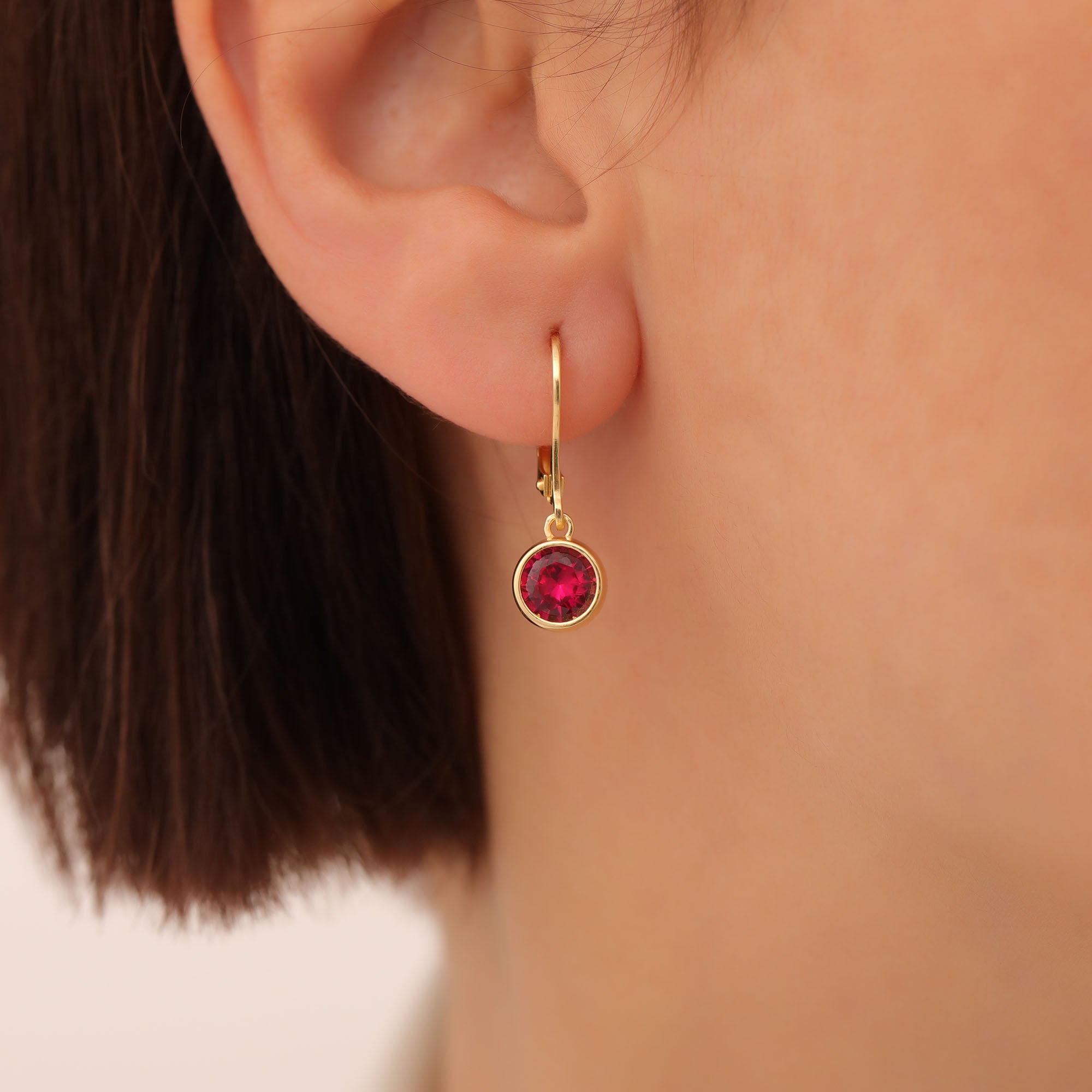 Round Ruby Bezel Dangle Earrings in 14K Solid Gold | July Birthstone Queen Jewelry Earrings
