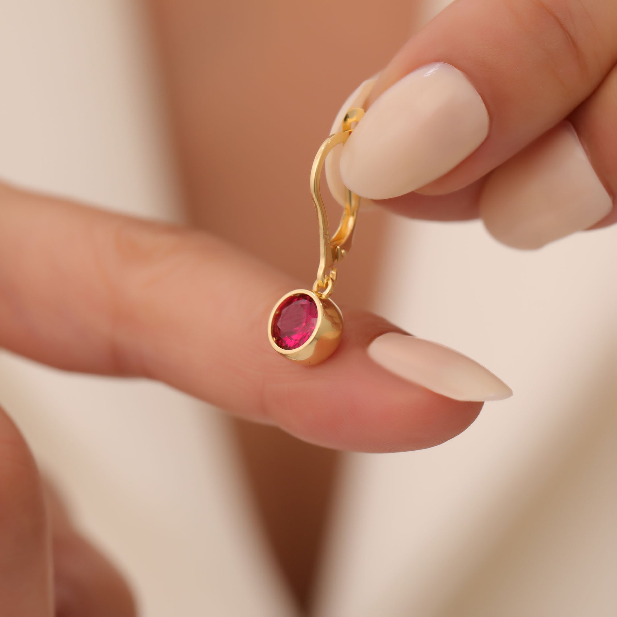 Round Ruby Bezel Dangle Earrings in 14K Solid Gold | July Birthstone Queen Jewelry Earrings