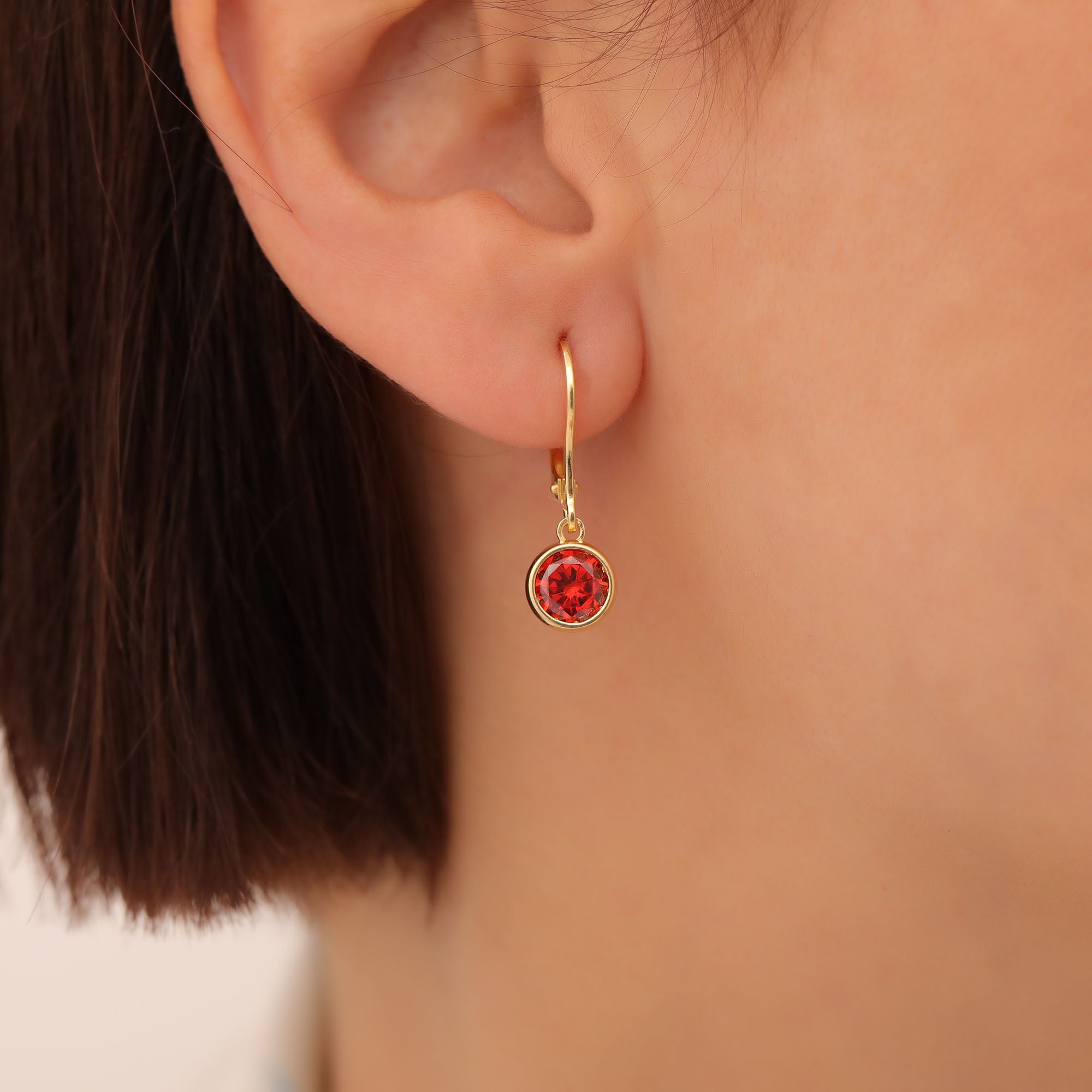 Round Garnet Bezel Dangle Earrings in 14K Solid Gold | January Birthstone Queen Jewelry Earrings