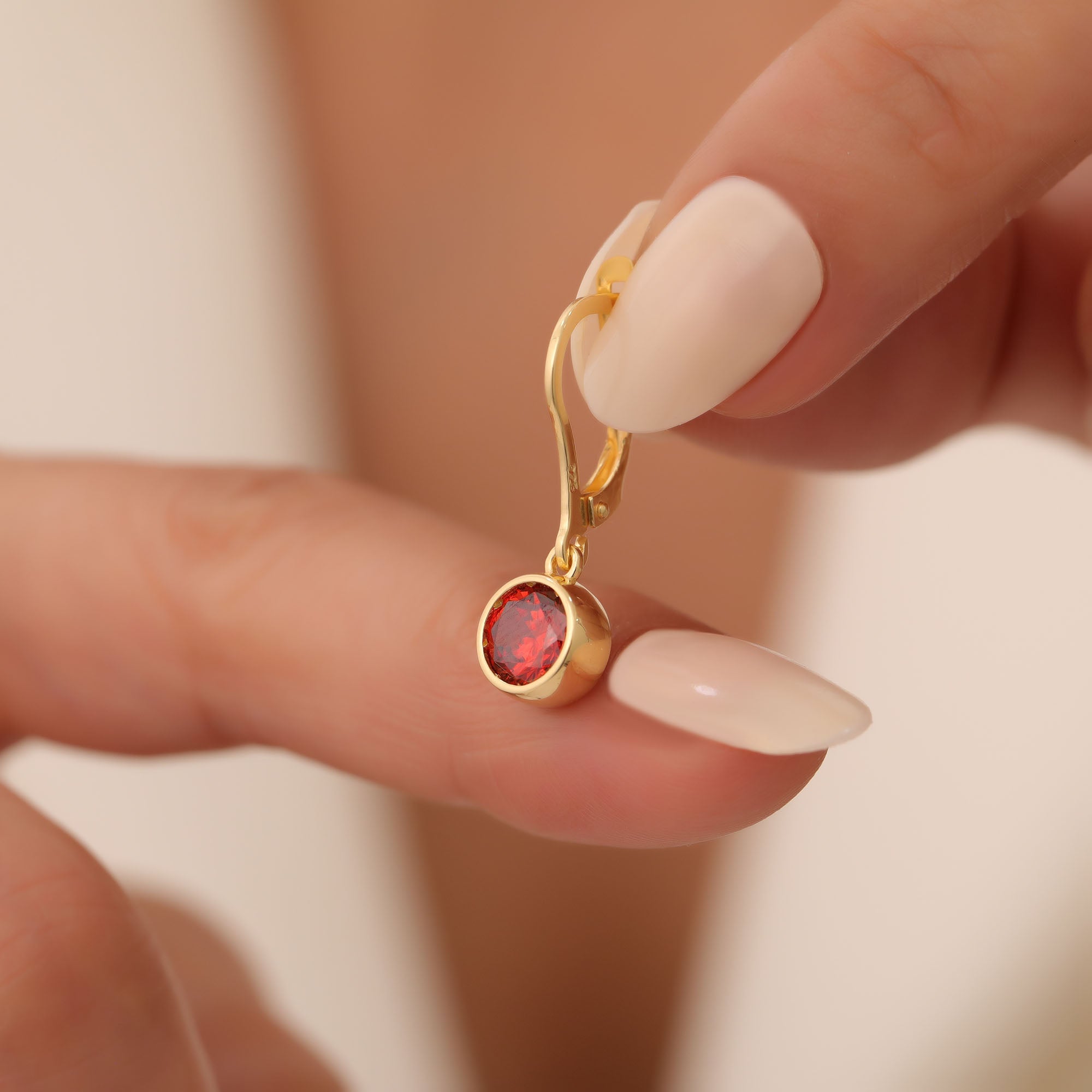 Round Garnet Bezel Dangle Earrings in 14K Solid Gold | January Birthstone Queen Jewelry Earrings
