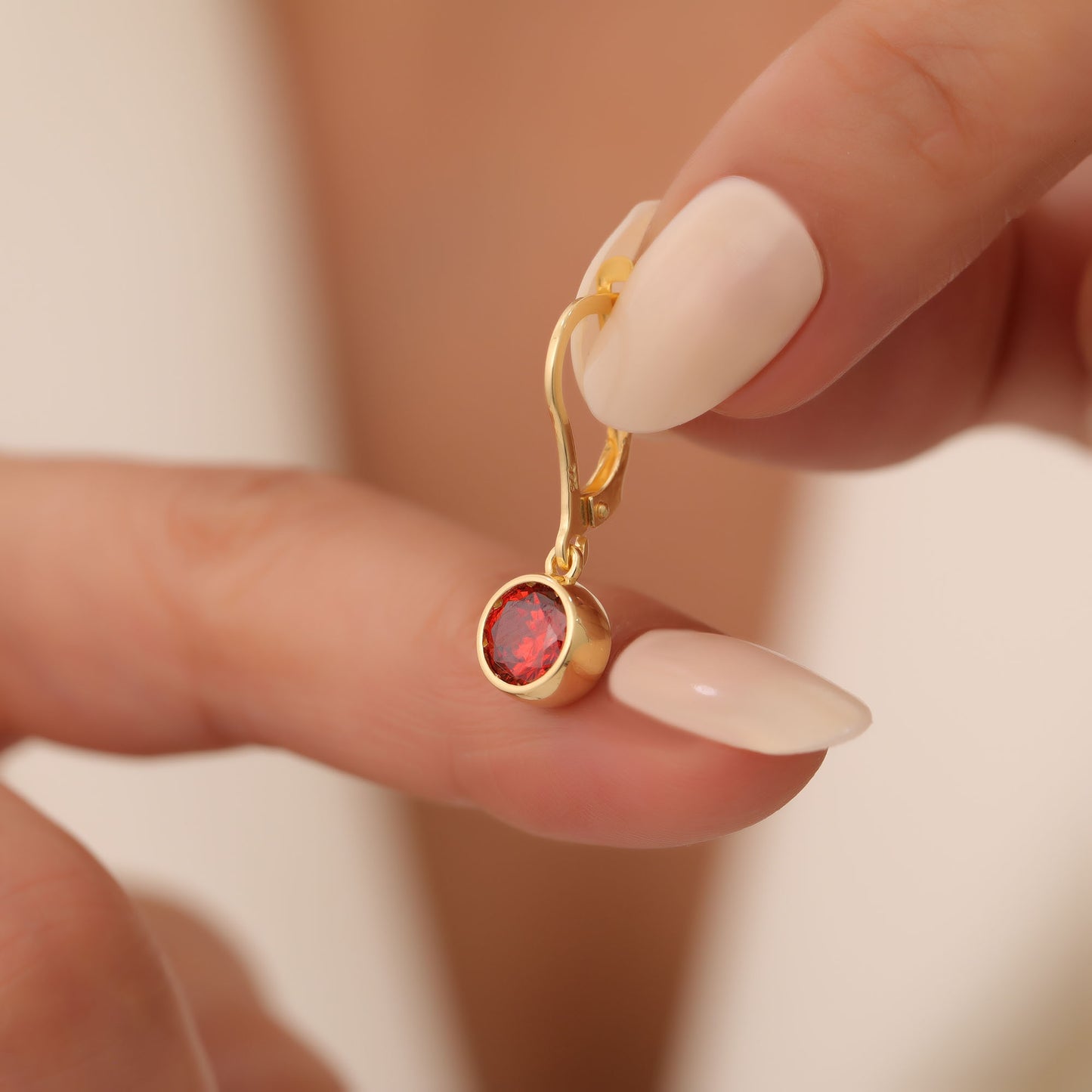 Round Garnet Bezel Dangle Earrings in 14K Solid Gold | January Birthstone Queen Jewelry Earrings