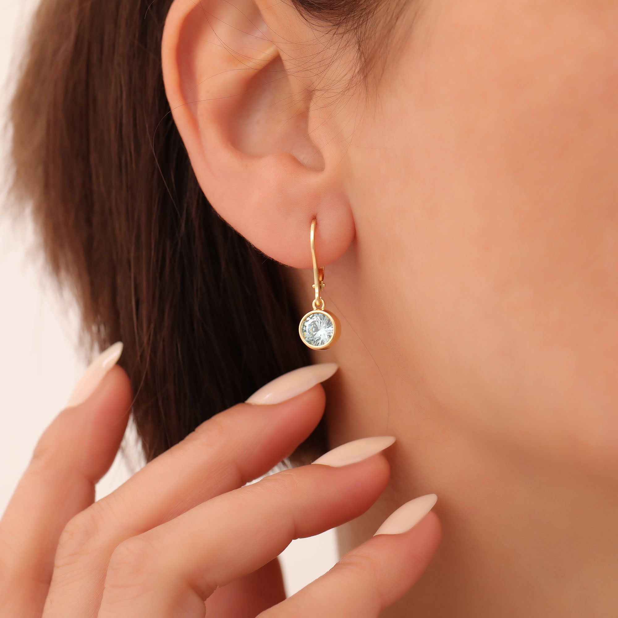 Round Aquamarine Bezel Dangle Earrings in 14K Solid Gold | March Birthstone Queen Jewelry Earrings