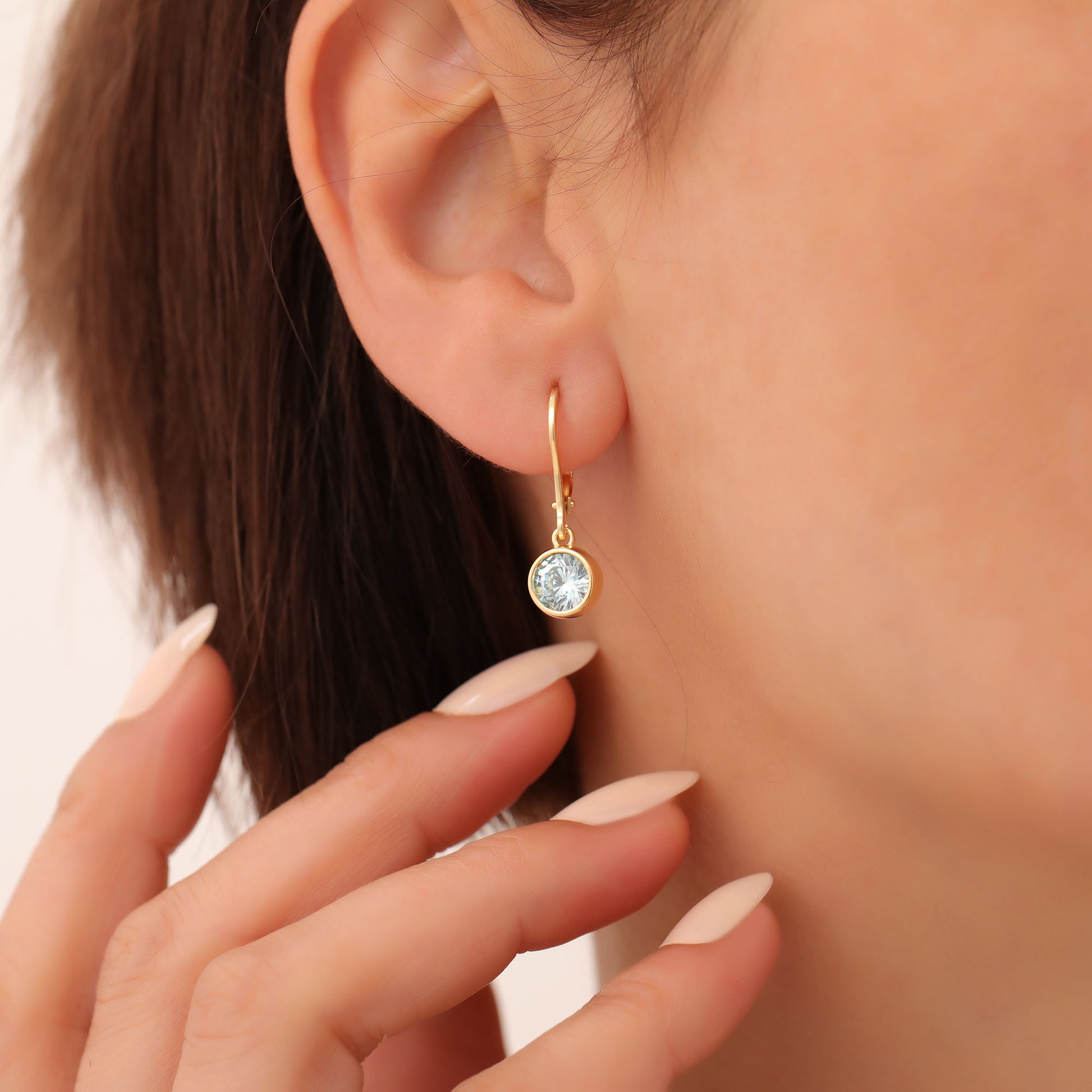Round Aquamarine Bezel Dangle Earrings in 14K Solid Gold | March Birthstone Queen Jewelry Earrings
