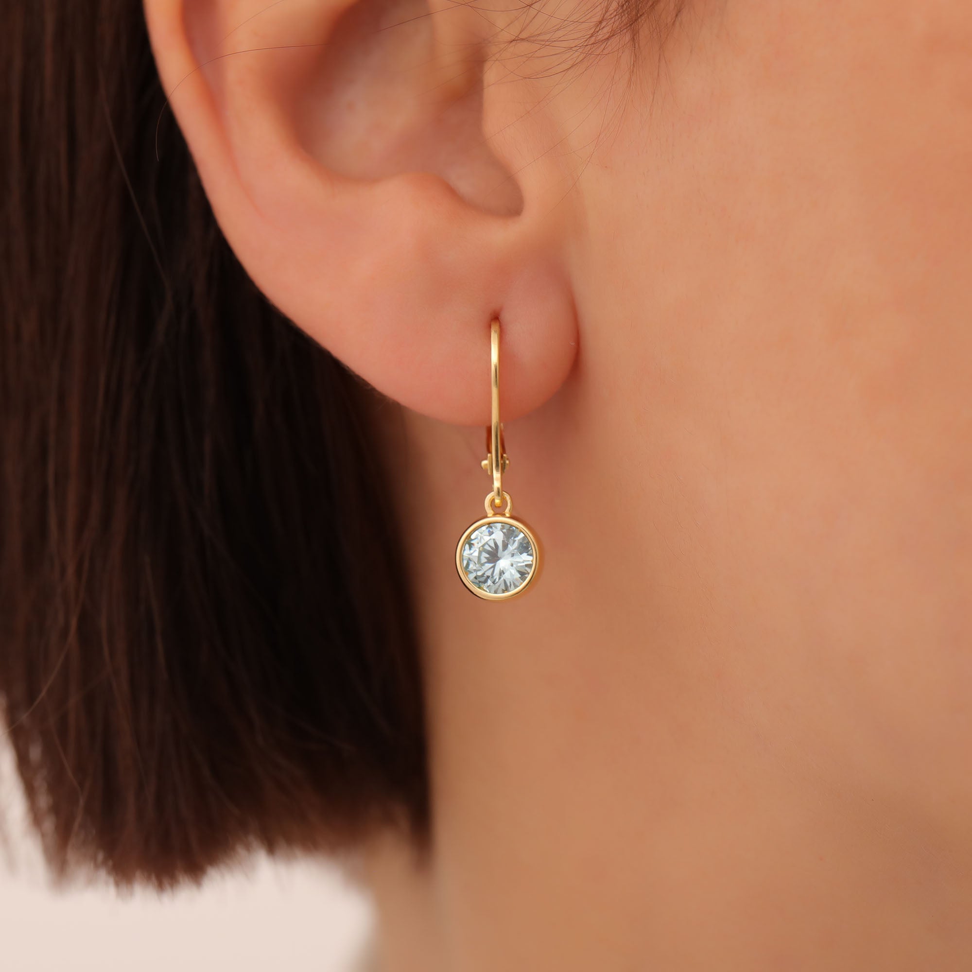 Round Aquamarine Bezel Dangle Earrings in 14K Solid Gold | March Birthstone Queen Jewelry Earrings