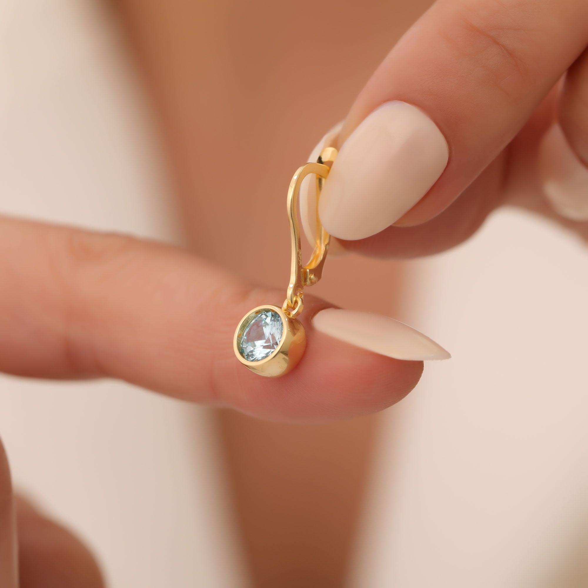 Round Aquamarine Bezel Dangle Earrings in 14K Solid Gold | March Birthstone Queen Jewelry Earrings
