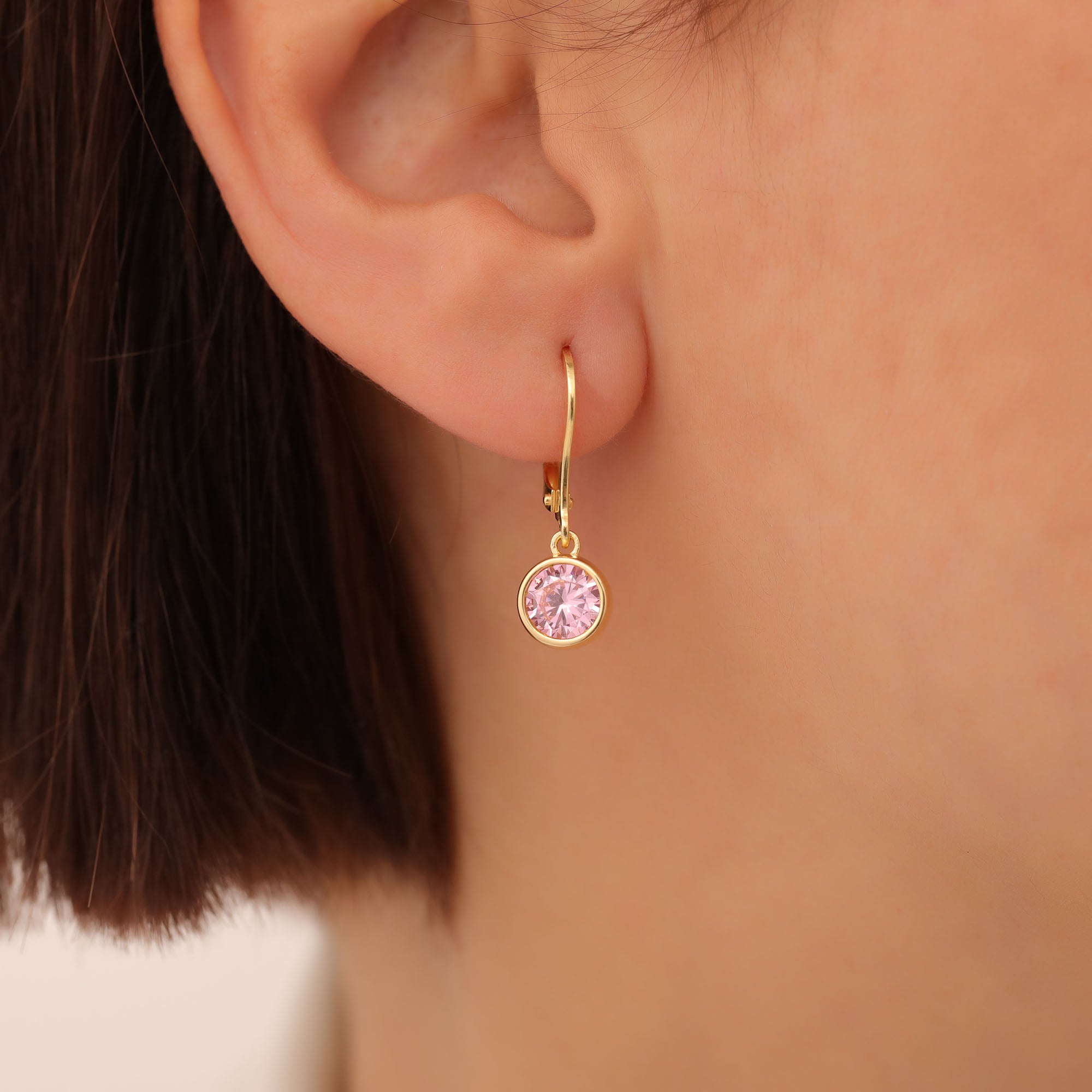 Round Pink Tourmaline Bezel Dangle Earrings in 14K Solid Gold | October Birthstone Queen Jewelry Earrings