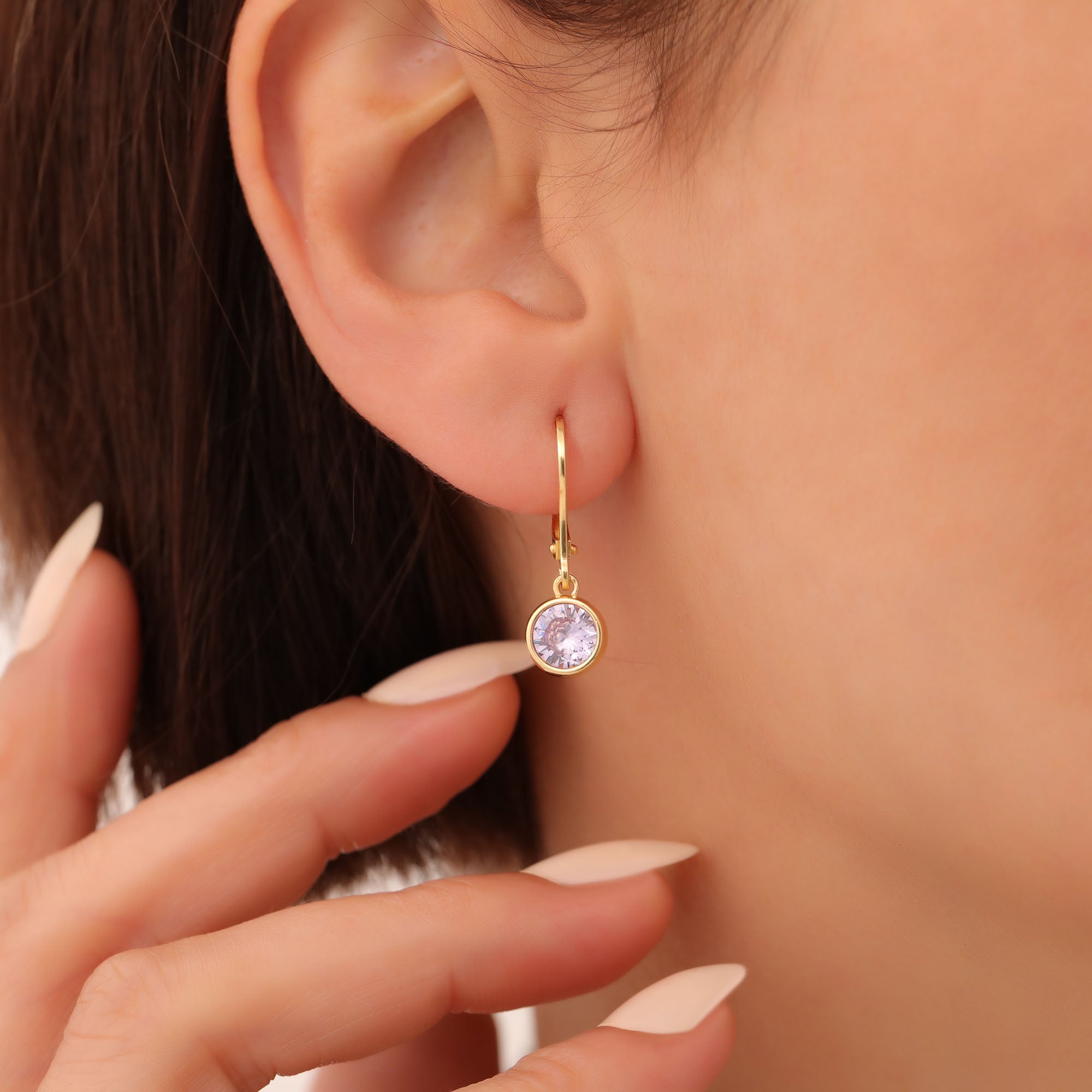Round Alexandrite Bezel Dangle Earrings in 14K Solid Gold | June Birthstone Queen Jewelry Earrings