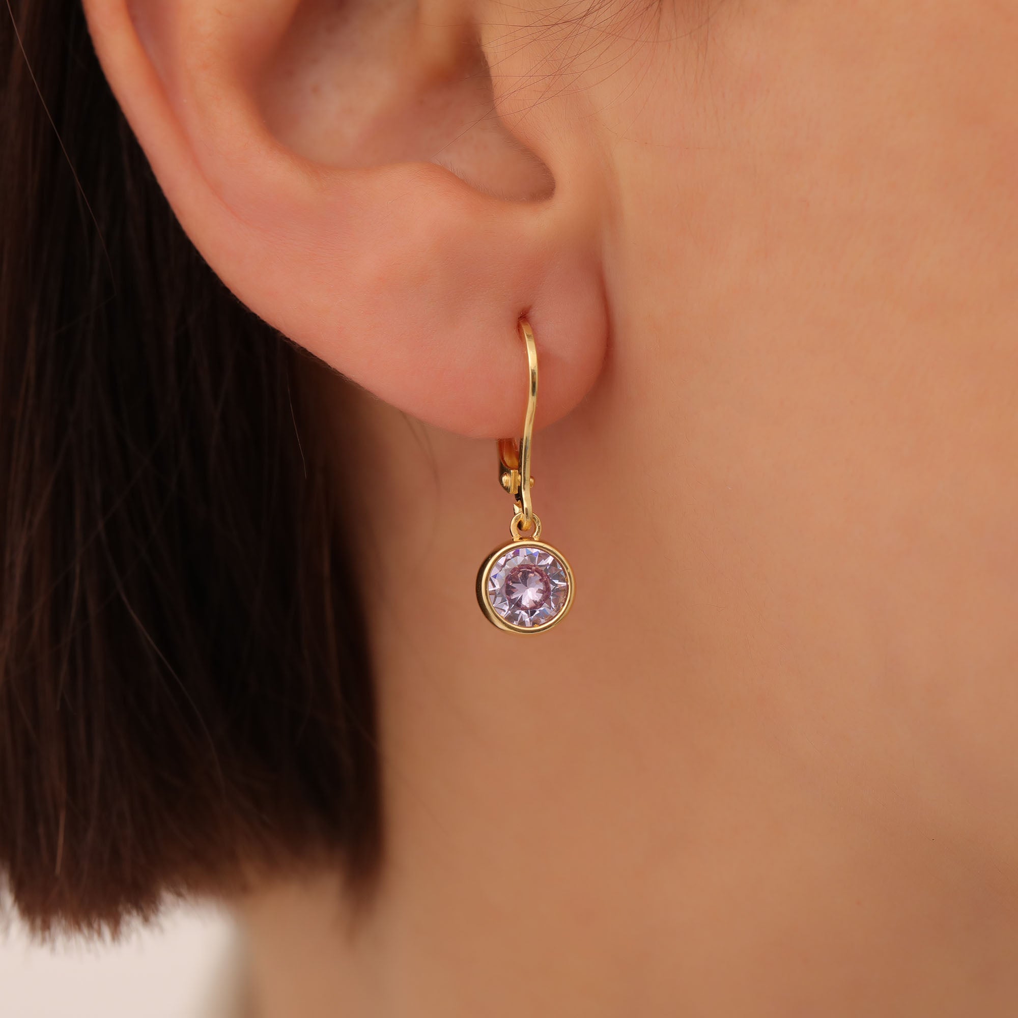 Round Alexandrite Bezel Dangle Earrings in 14K Solid Gold | June Birthstone Queen Jewelry Earrings