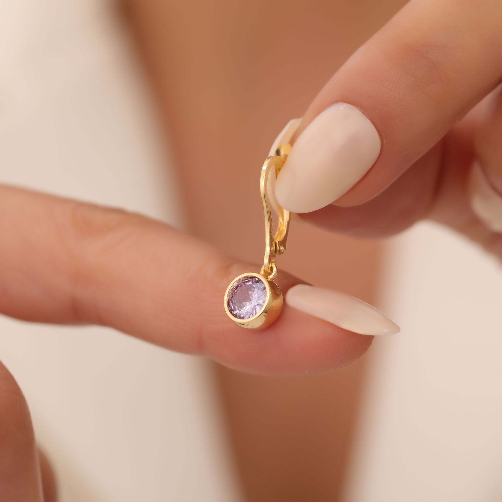 Round Alexandrite Bezel Dangle Earrings in 14K Solid Gold | June Birthstone Queen Jewelry Earrings