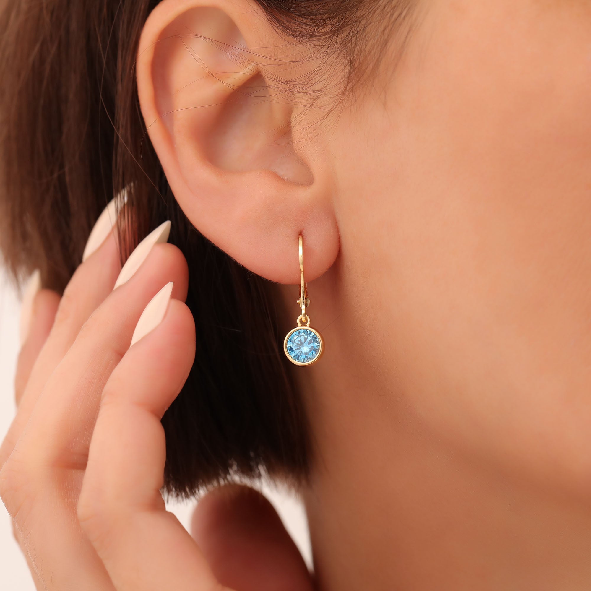 Round Blue Topaz Bezel Dangle Earrings in 14K Solid Gold | December Birthstone Queen Jewelry Earrings