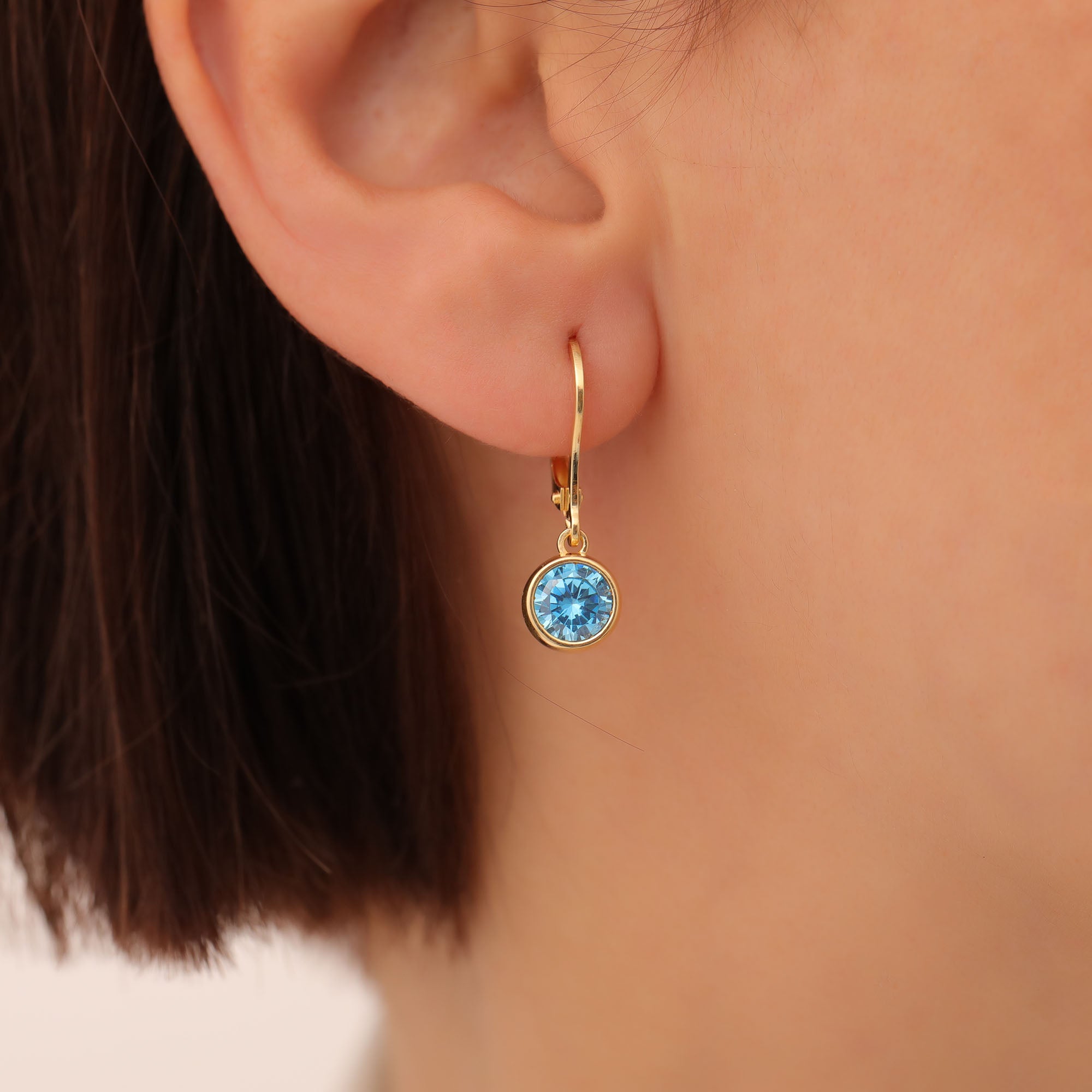Round Blue Topaz Bezel Dangle Earrings in 14K Solid Gold | December Birthstone Queen Jewelry Earrings