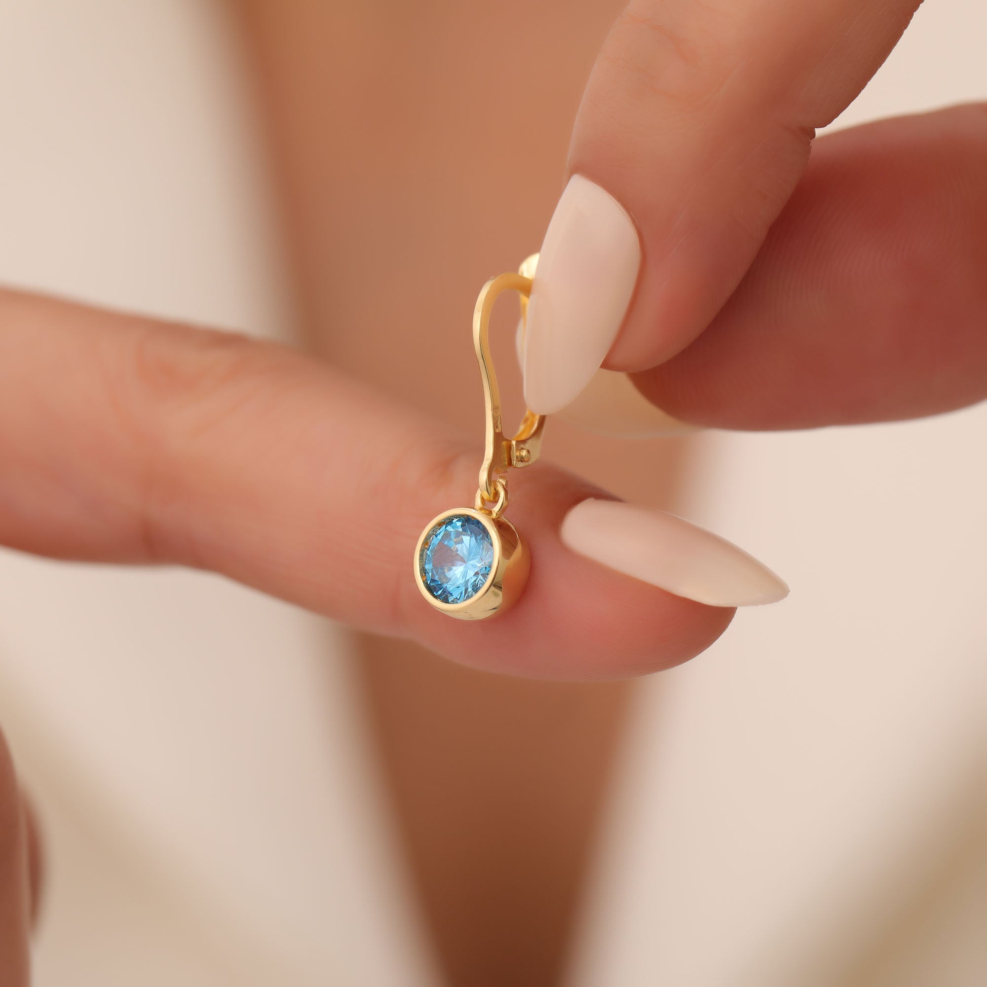 Round Blue Topaz Bezel Dangle Earrings in 14K Solid Gold | December Birthstone Queen Jewelry Earrings
