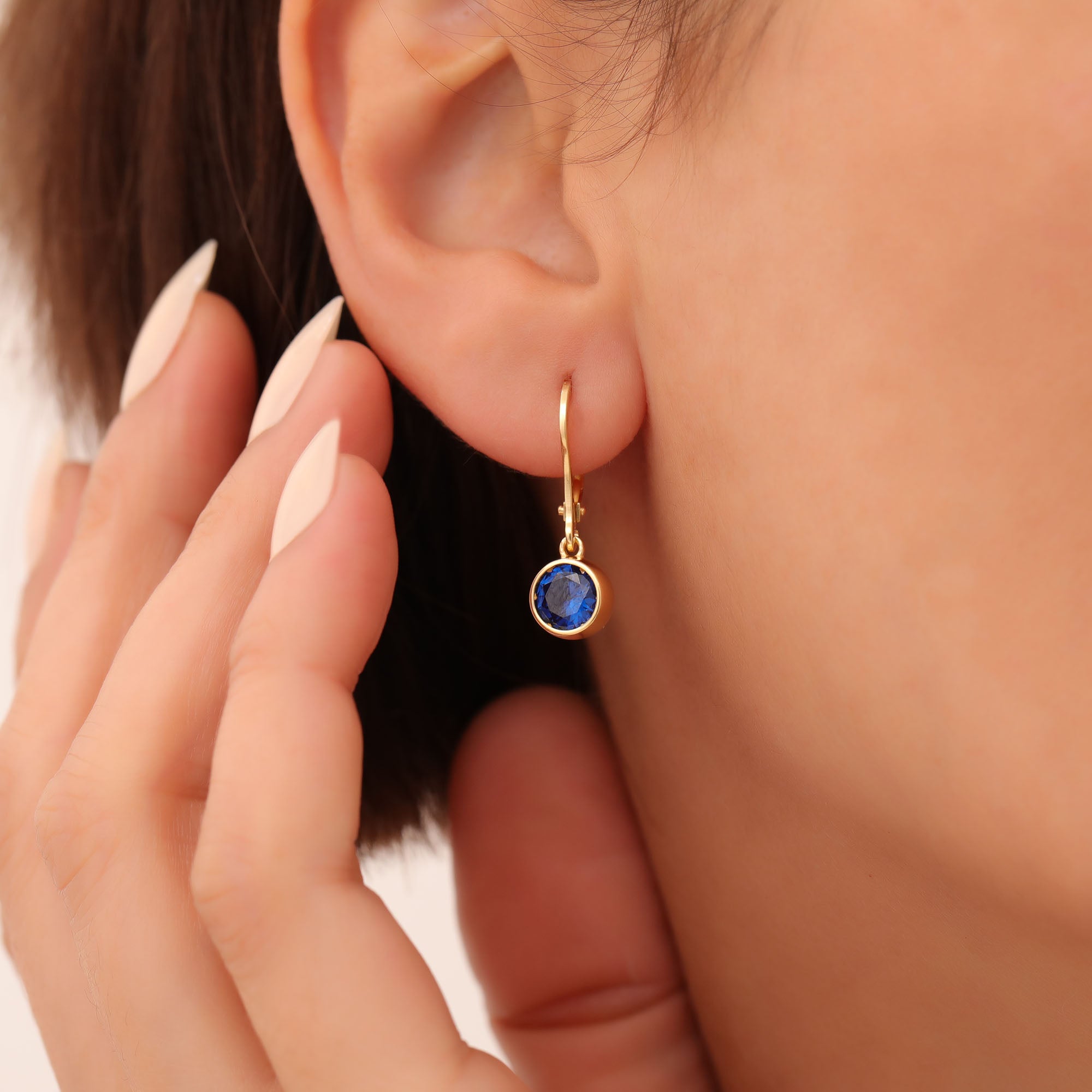 Round Sapphire Bezel Dangle Earrings in 14K Solid Gold | September Birthstone Queen Jewelry Earrings