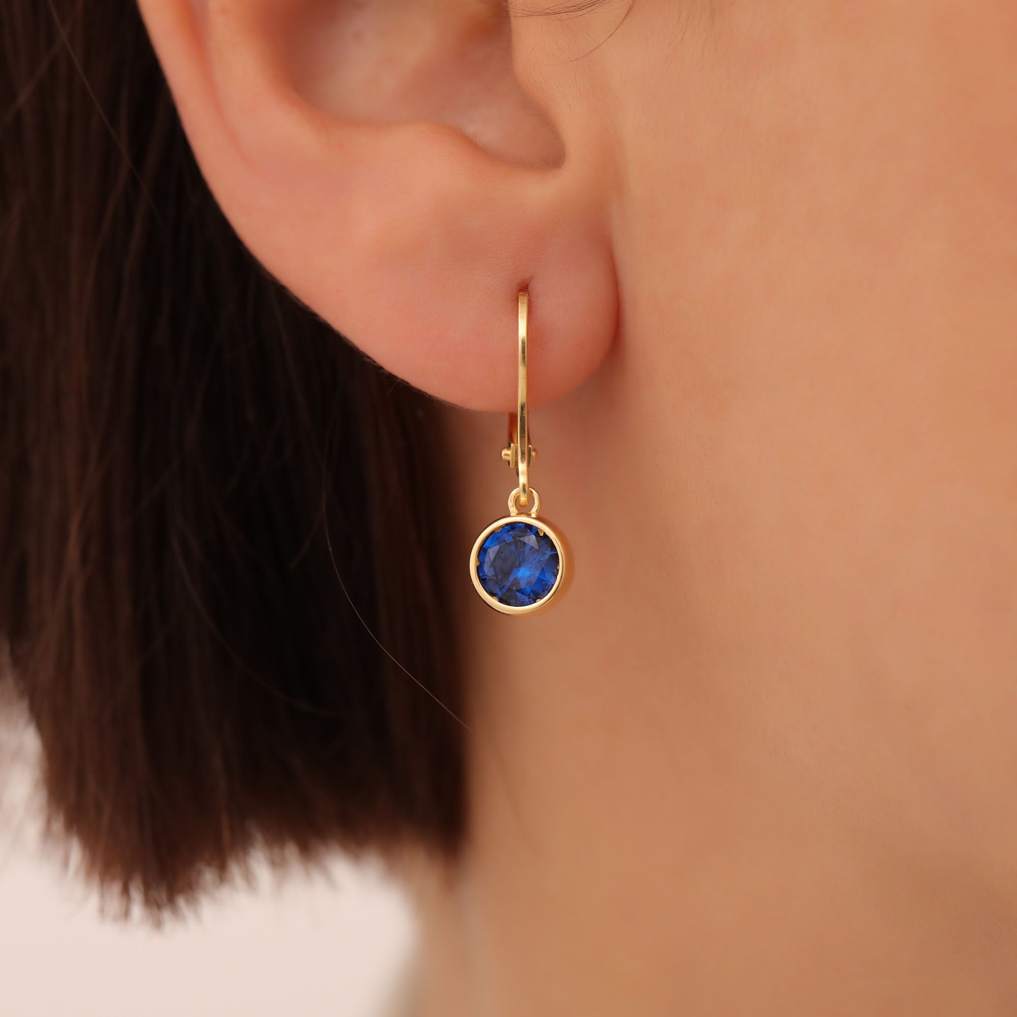 Round Sapphire Bezel Dangle Earrings in 14K Solid Gold | September Birthstone Queen Jewelry Earrings