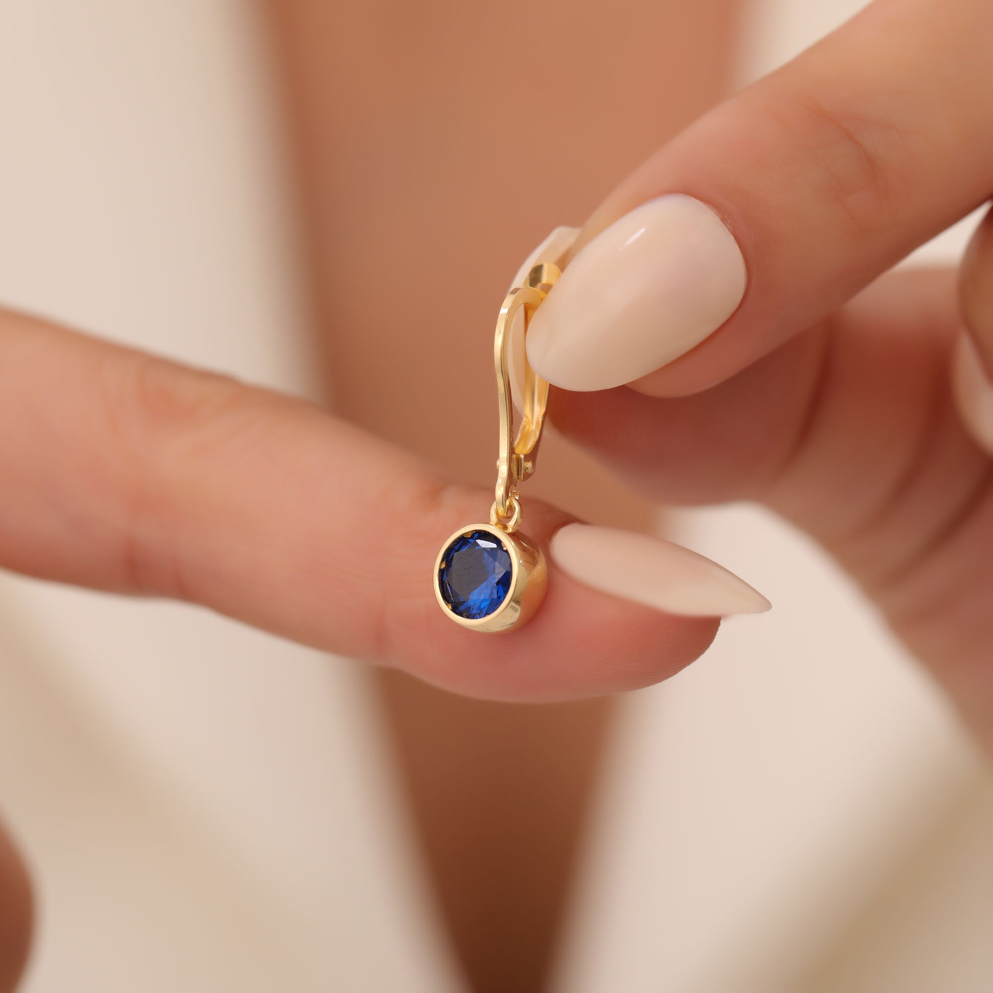 Round Sapphire Bezel Dangle Earrings in 14K Solid Gold | September Birthstone Queen Jewelry Earrings