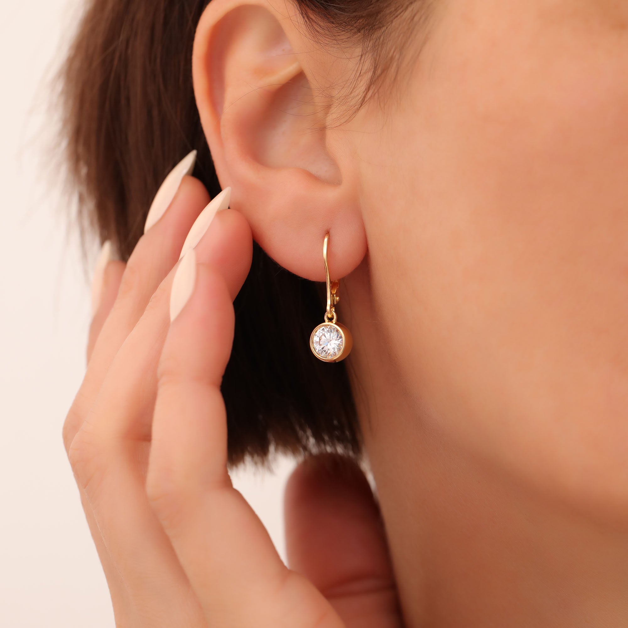 Round White Topaz Bezel Dangle Earrings in 14K Solid Gold | April Birthstone Queen Jewelry Earrings