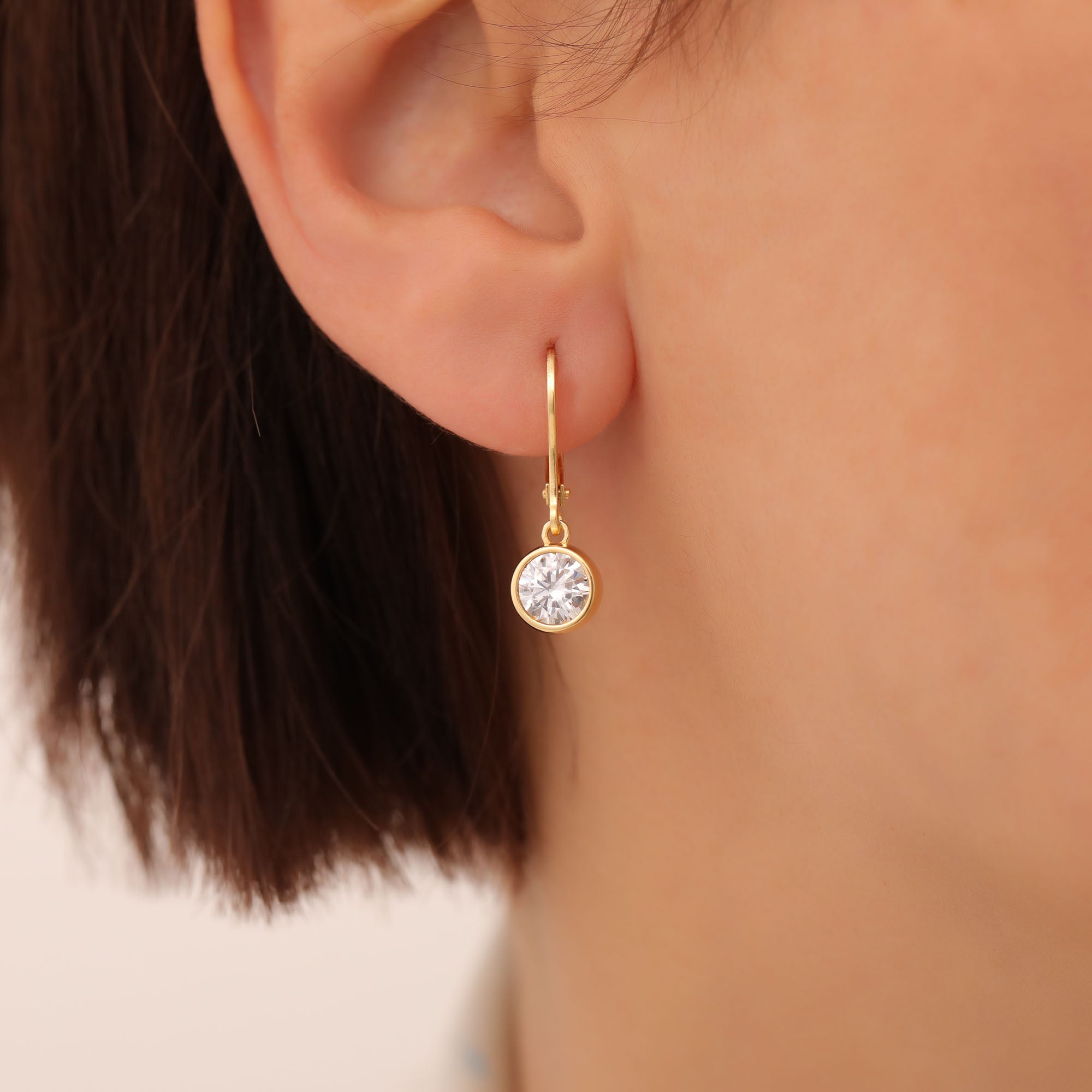 Round White Topaz Bezel Dangle Earrings in 14K Solid Gold | April Birthstone Queen Jewelry Earrings