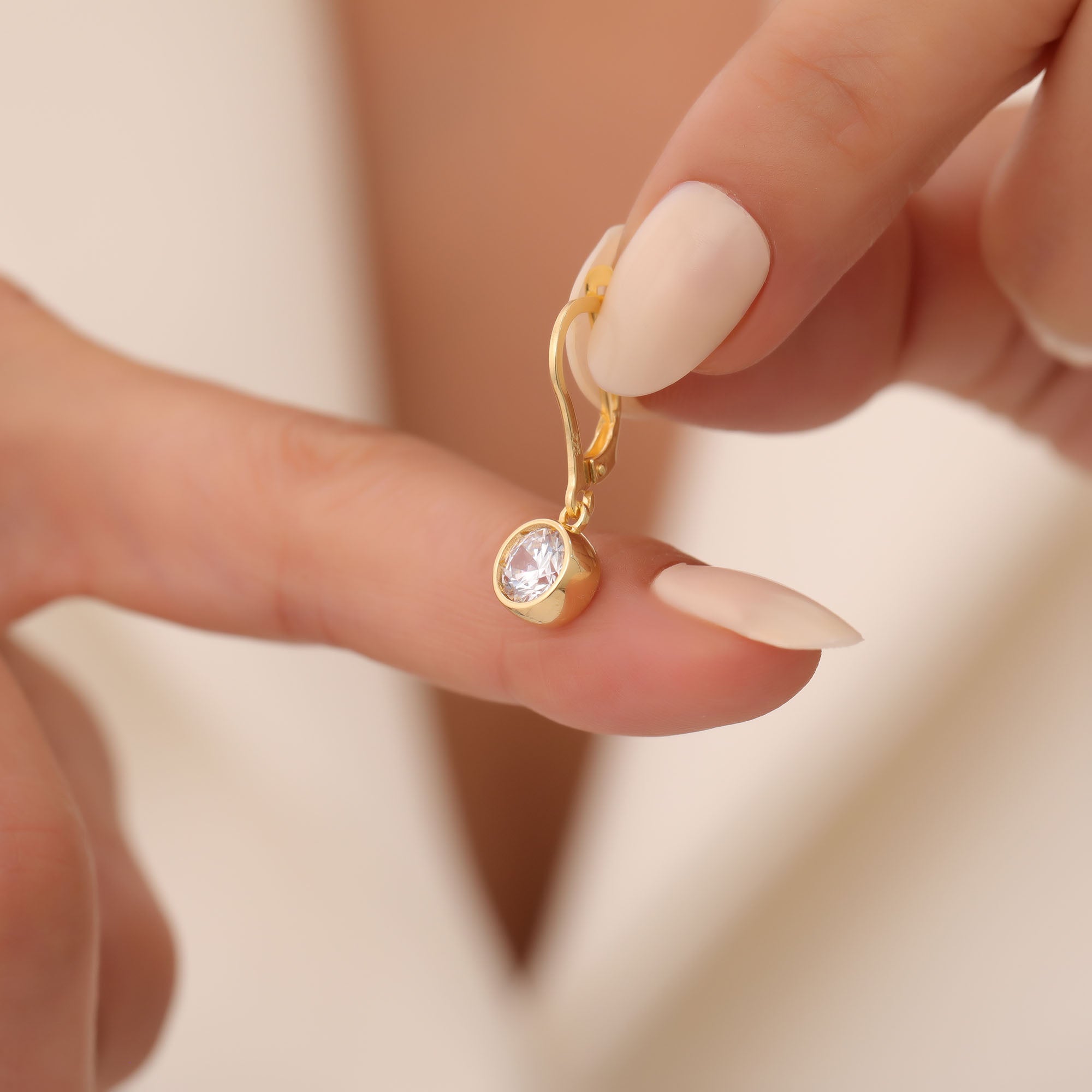 Round White Topaz Bezel Dangle Earrings in 14K Solid Gold | April Birthstone Queen Jewelry Earrings
