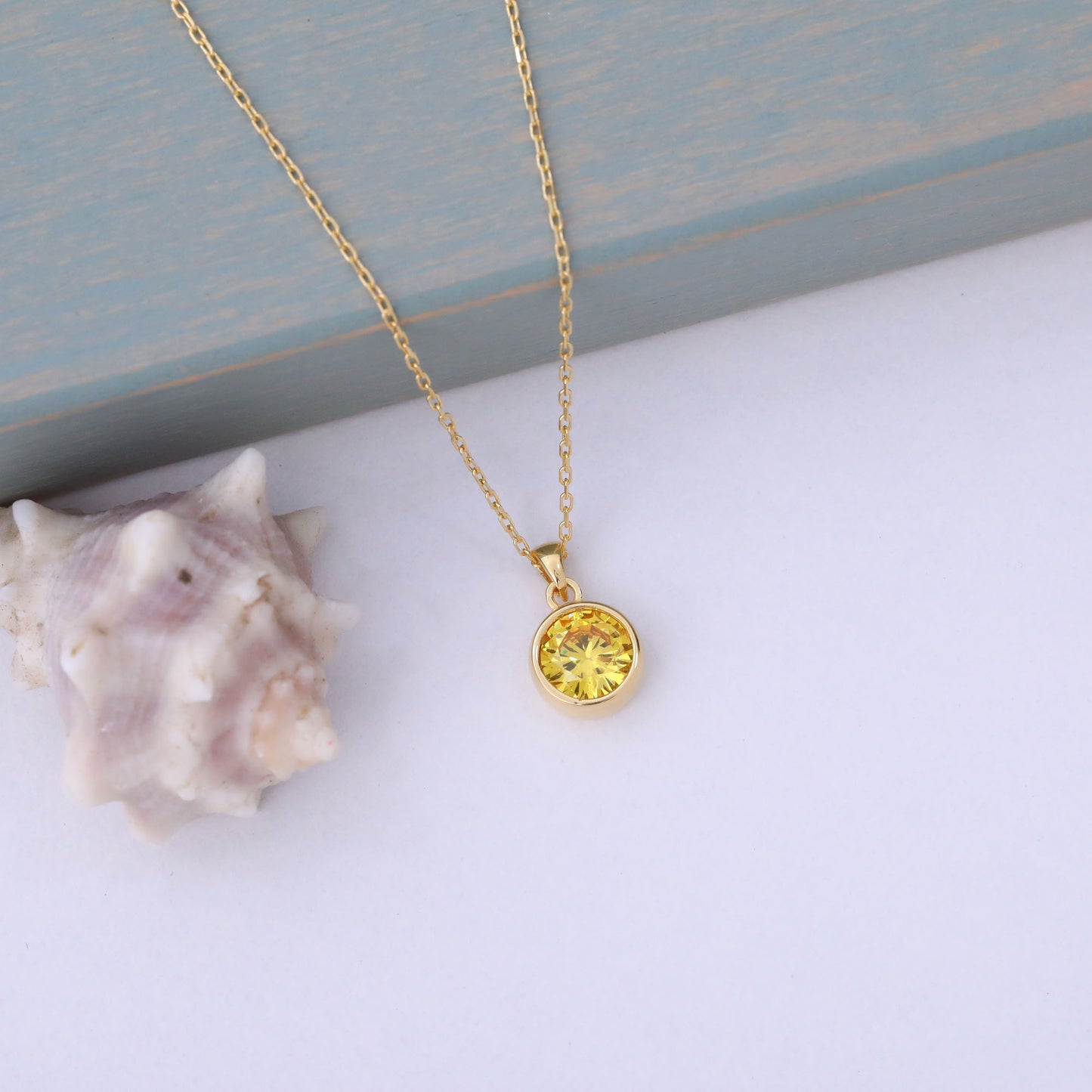 Round Yellow Topaz Bezel Necklace in 14K Solid Gold | Birthstone Pendant Queen Jewelry Necklace