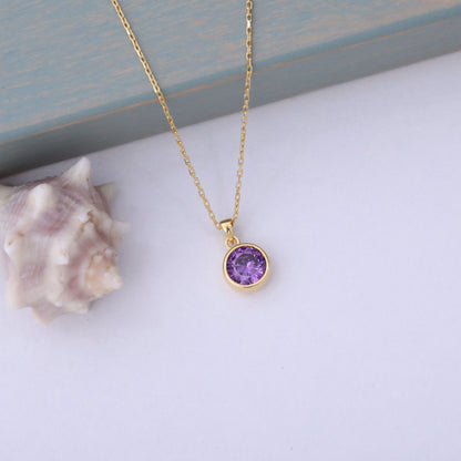 Round Amethyst Bezel Necklace in 14K Solid Gold | February Birthstone Pendant Queen Jewelry Necklace