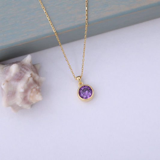 Round Amethyst Bezel Necklace in 14K Solid Gold | February Birthstone Pendant Queen Jewelry Necklace