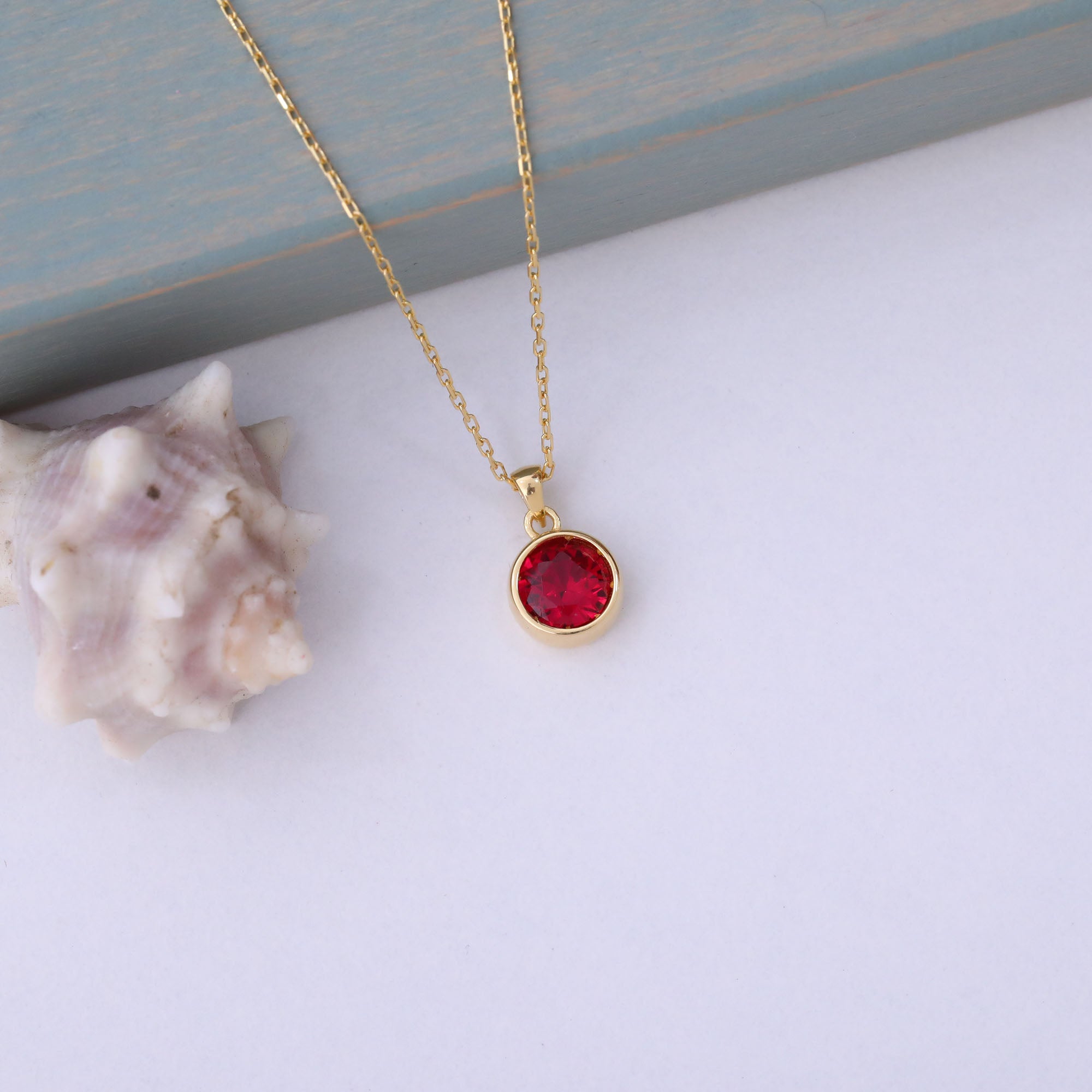 Round Ruby Bezel Necklace in 14K Solid Gold | July Birthstone Pendant Queen Jewelry Necklace