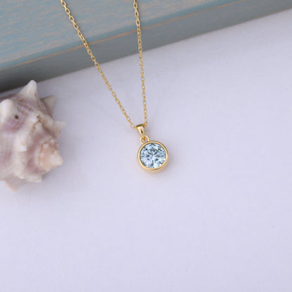 Round Aquamarine Bezel Necklace in 14K Solid Gold | March Birthstone Pendant Queen Jewelry Necklace