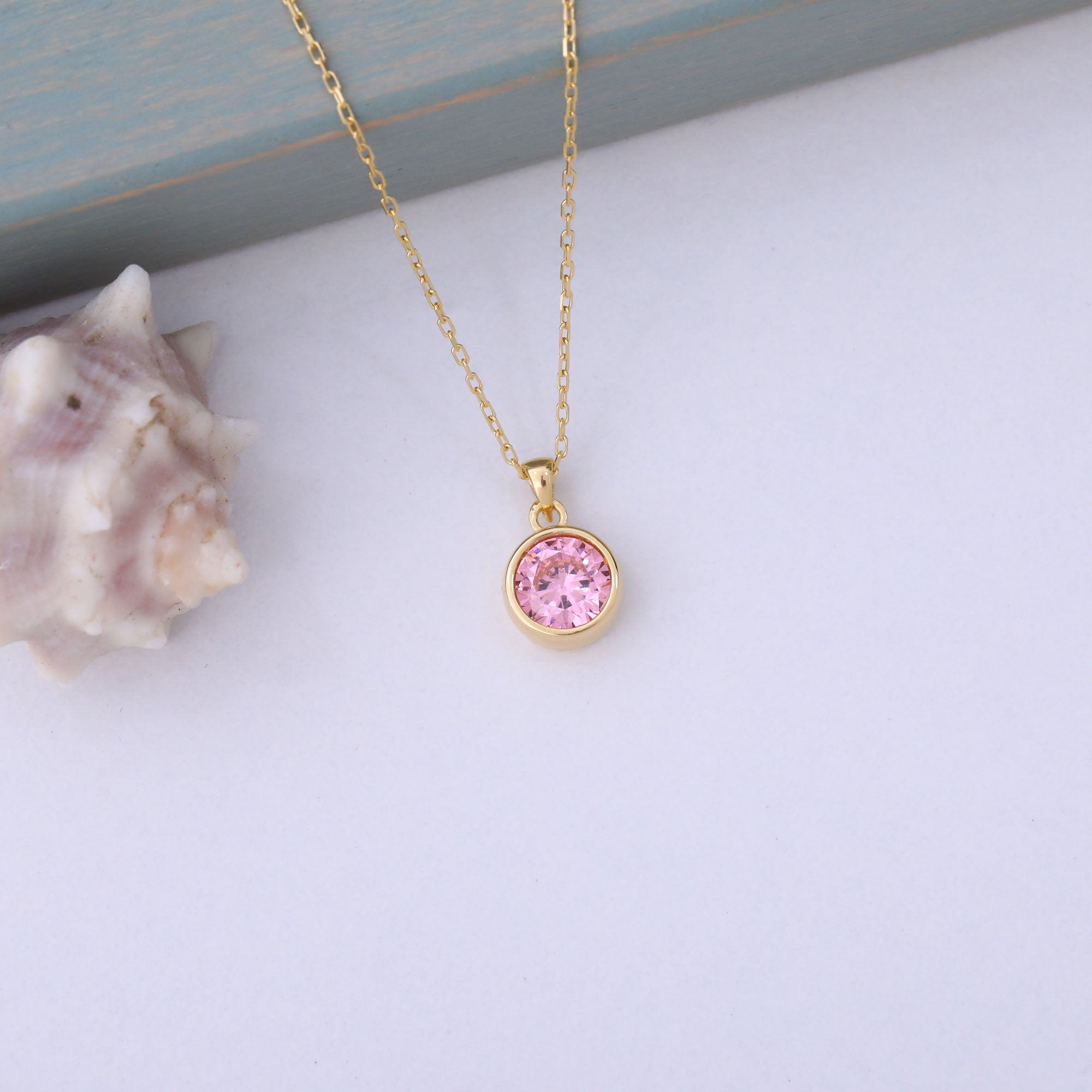 Round Pink Tourmaline Bezel Necklace in 14K Solid Gold | October Birthstone Pendant Queen Jewelry Necklace