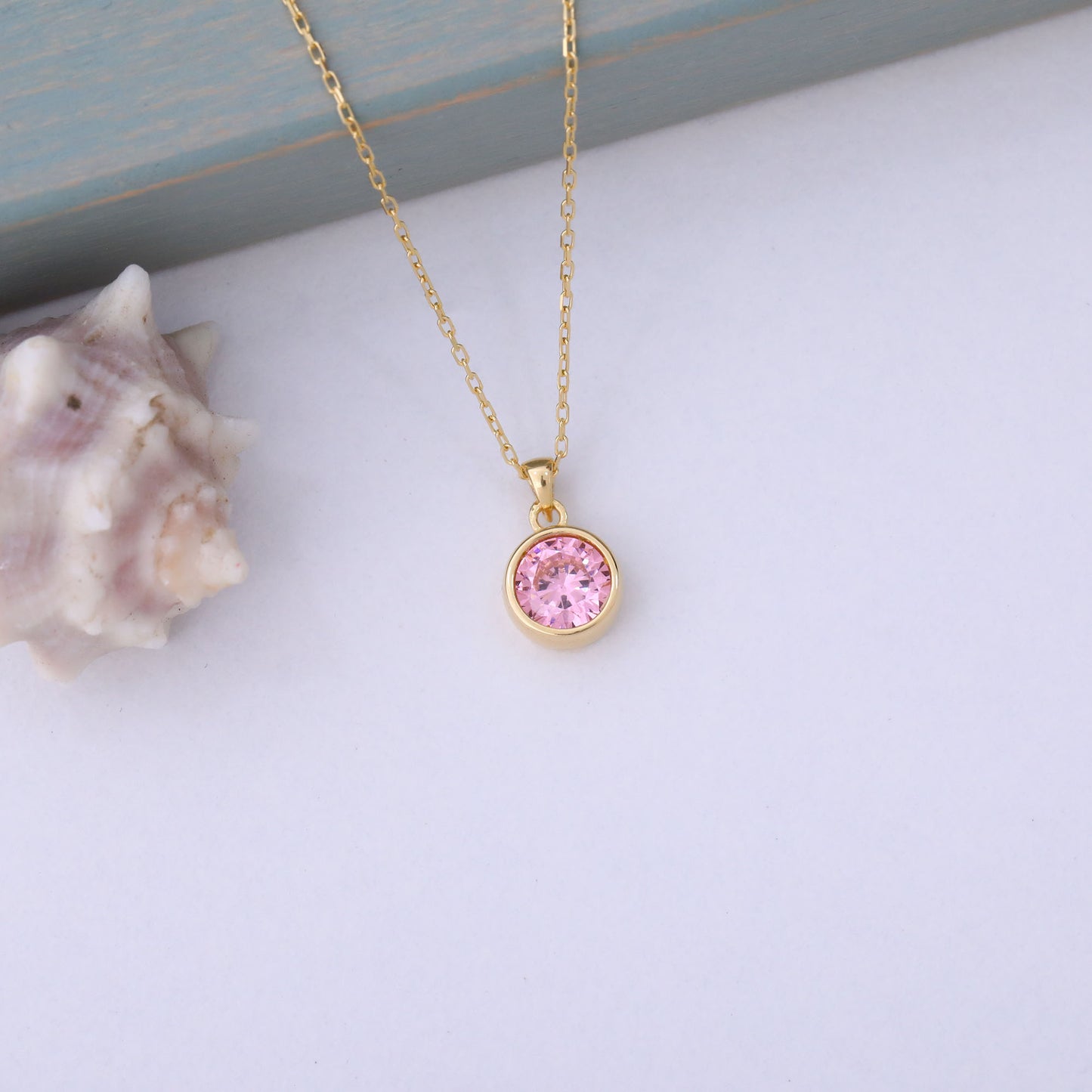 Round Pink Tourmaline Bezel Necklace in 14K Solid Gold | October Birthstone Pendant Queen Jewelry Necklace