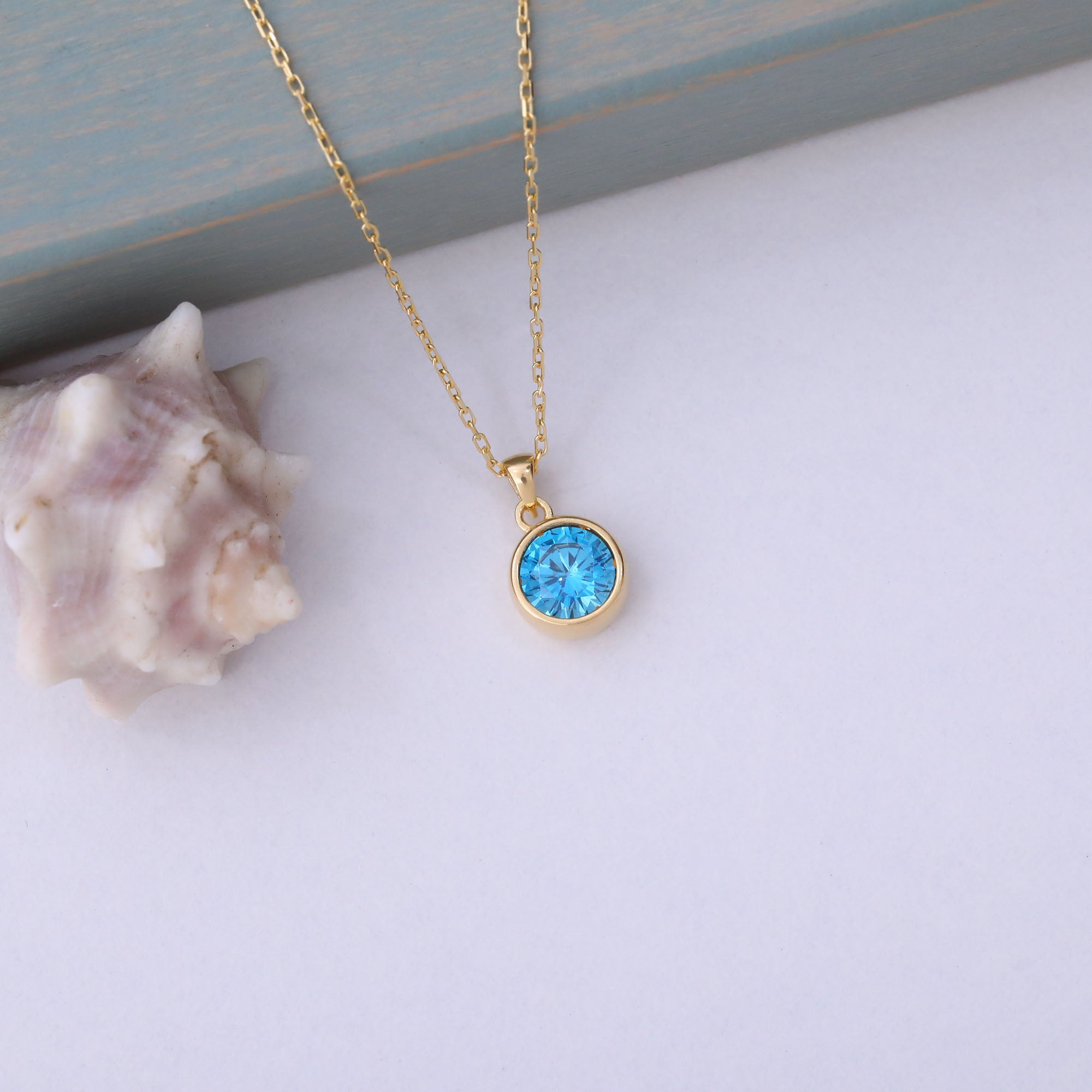 Round Blue Topaz Bezel Necklace in 14K Solid Gold | December Birthstone Pendant Queen Jewelry Necklace