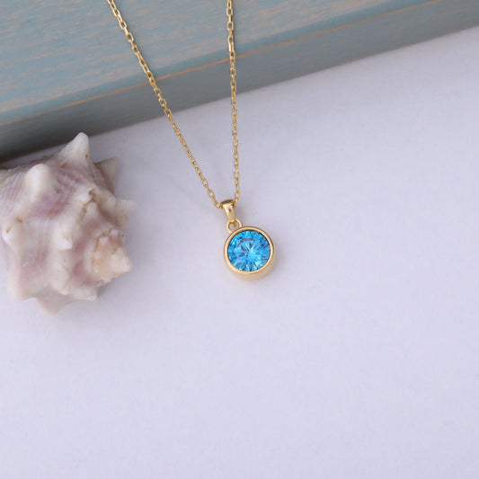 Round Blue Topaz Bezel Necklace in 14K Solid Gold | December Birthstone Pendant Queen Jewelry Necklace