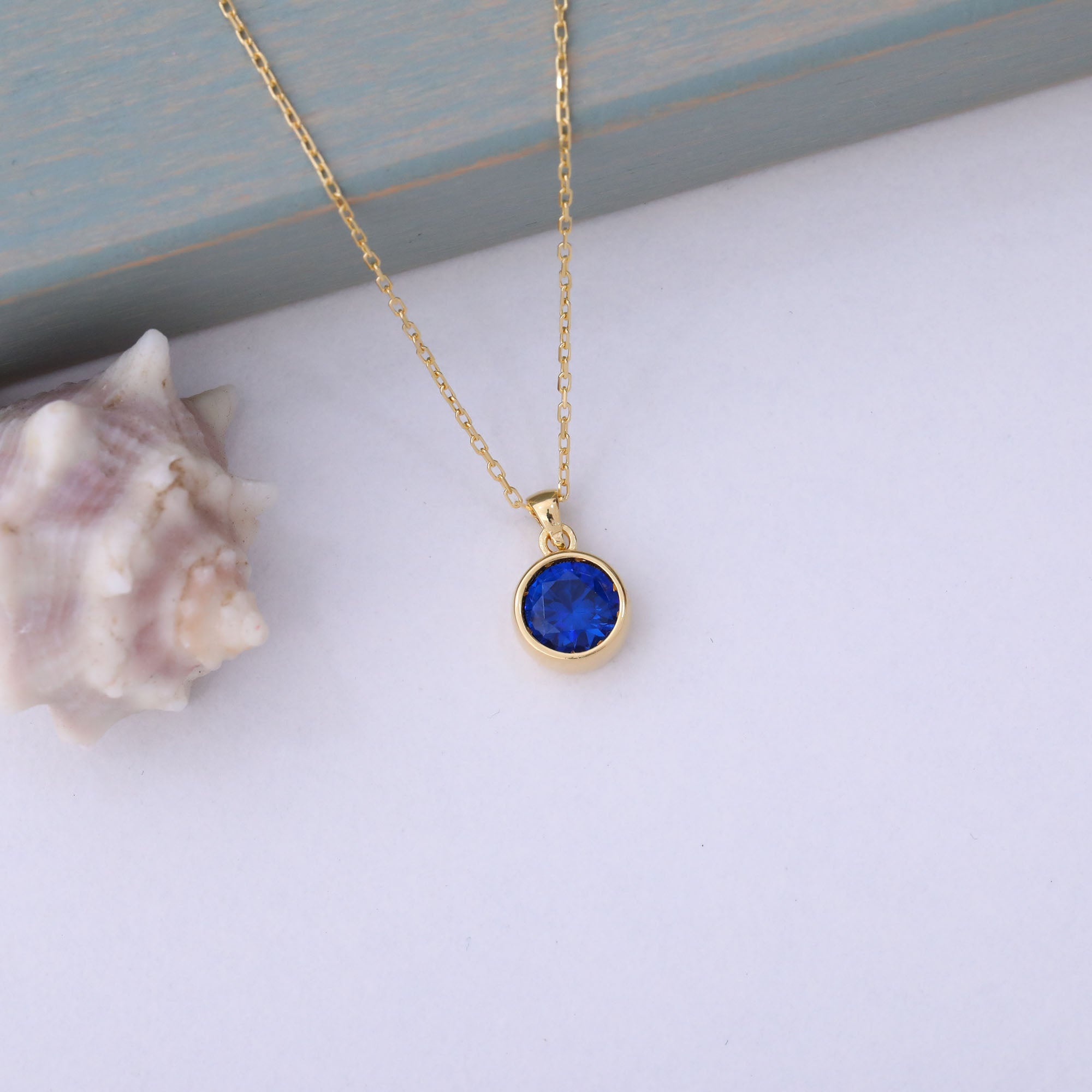 Round Sapphire Bezel Necklace in 14K Solid Gold | September Birthstone Pendant Queen Jewelry Necklace