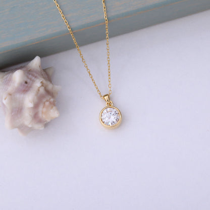 Round White Topaz Bezel Necklace in 14K Solid Gold | April Birthstone Pendant Queen Jewelry Necklace