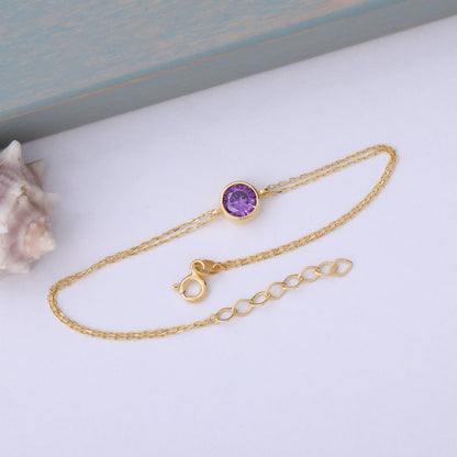 Round Amethyst Bezel Bracelet in 14K Solid Gold | February Birthstone Queen Jewelry Bracelet