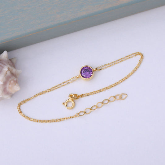 Round Amethyst Bezel Bracelet in 14K Solid Gold | February Birthstone Queen Jewelry Bracelet