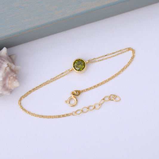Round Peridot Bezel Bracelet in 14K Solid Gold | August Birthstone Queen Jewelry Bracelet