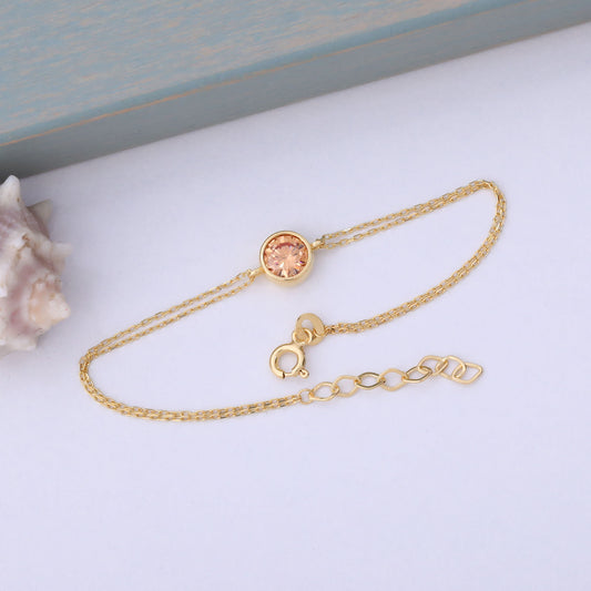 Round Citrine Bezel Bracelet in 14K Solid Gold | November Birthstone Queen Jewelry Bracelet