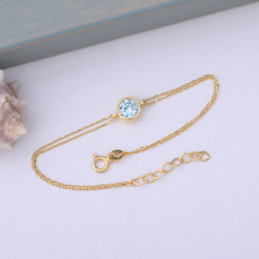 Round Aquamarine Bezel Bracelet in 14K Solid Gold | March Birthstone Queen Jewelry Bracelet