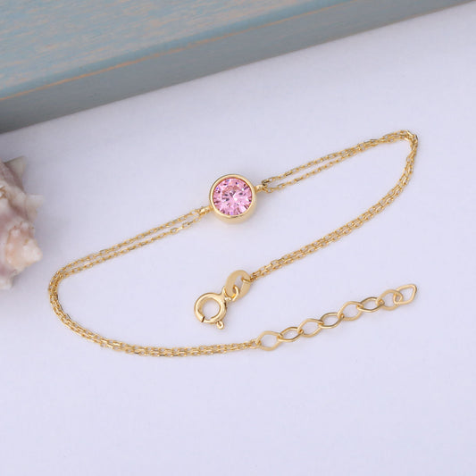 Round Pink Tourmaline Bezel Bracelet in 14K Solid Gold | October Birthstone Queen Jewelry Bracelet