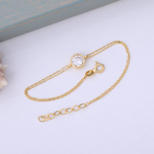 Round White Topaz Bezel Bracelet in 14K Solid Gold | April Birthstone Queen Jewelry Bracelet
