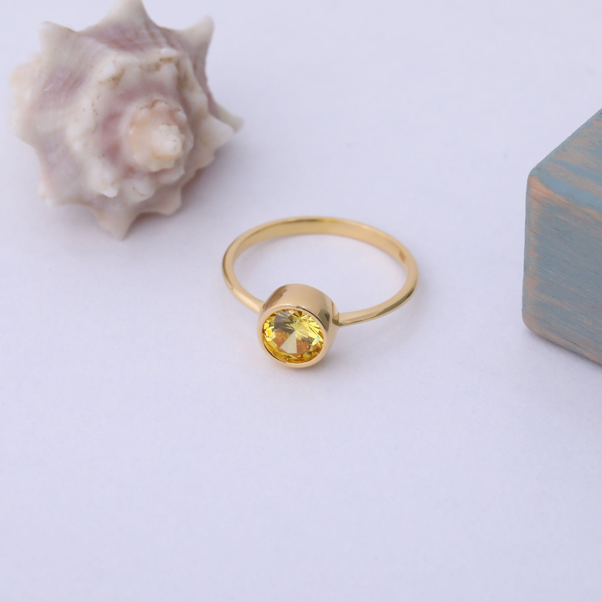 Round Yellow Topaz Bezel Ring in 14K Solid Gold | Birthstone Jewelry Queen Jewelry Rings
