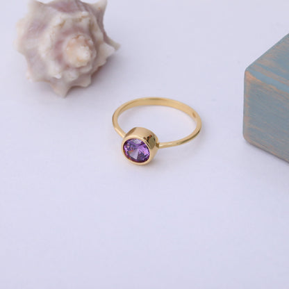 Round Amethyst Bezel Ring in 14K Solid Gold | February Birthstone Queen Jewelry Rings