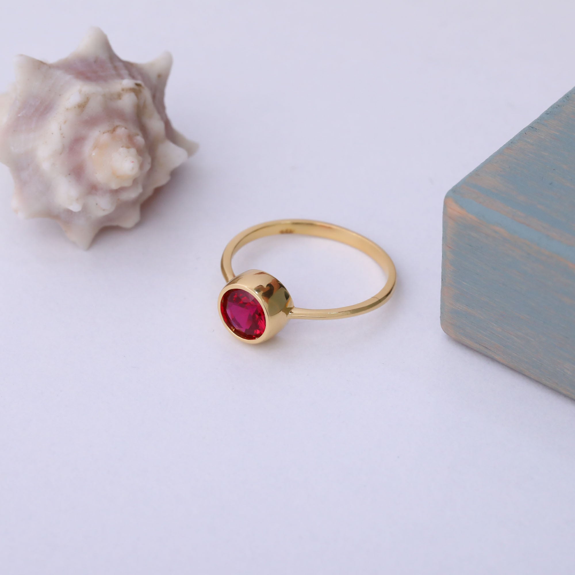 Round Ruby Bezel Ring in 14K Solid Gold | July Birthstone Queen Jewelry Rings