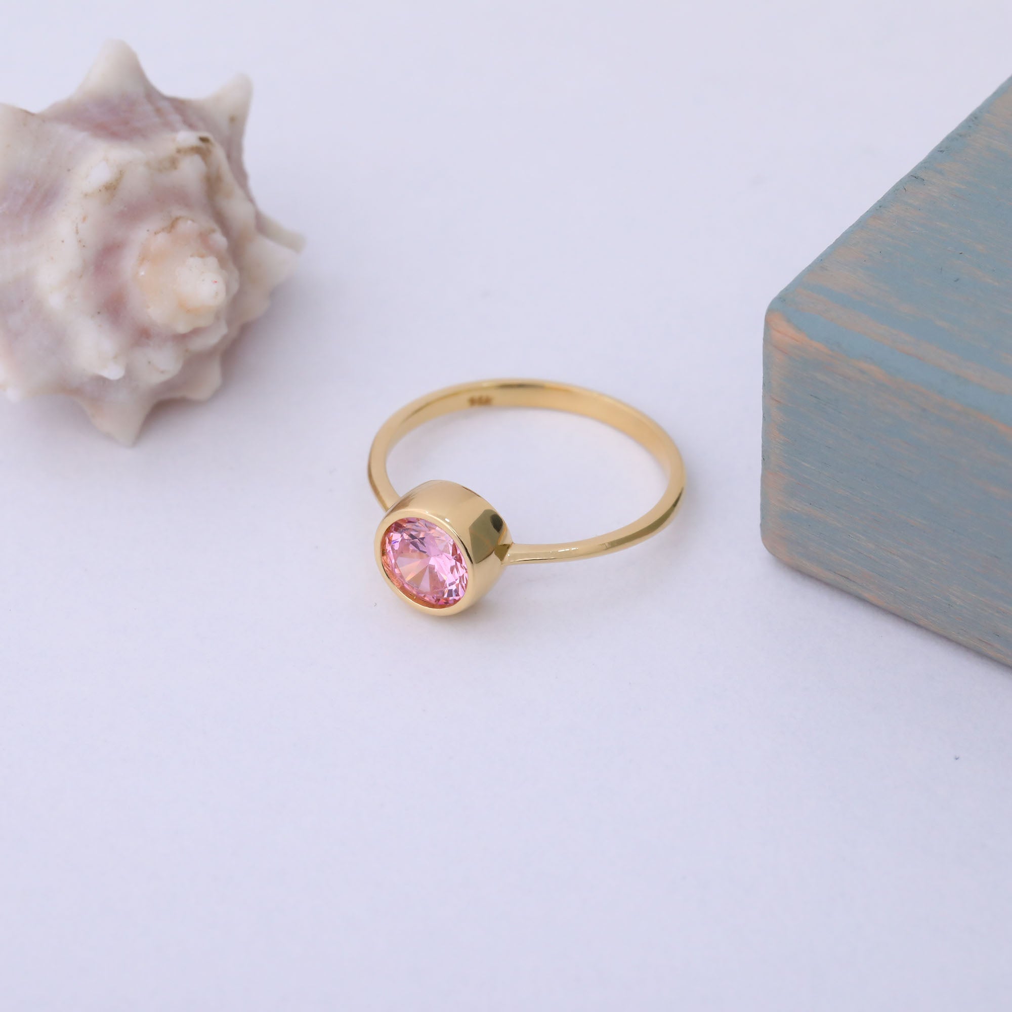Round Pink Tourmaline Bezel Ring in 14K Solid Gold | October Birthstone Queen Jewelry Rings