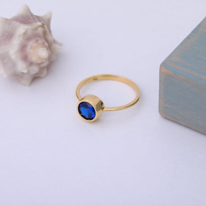 Round Sapphire Bezel Ring in 14K Solid Gold | September Birthstone Queen Jewelry Rings