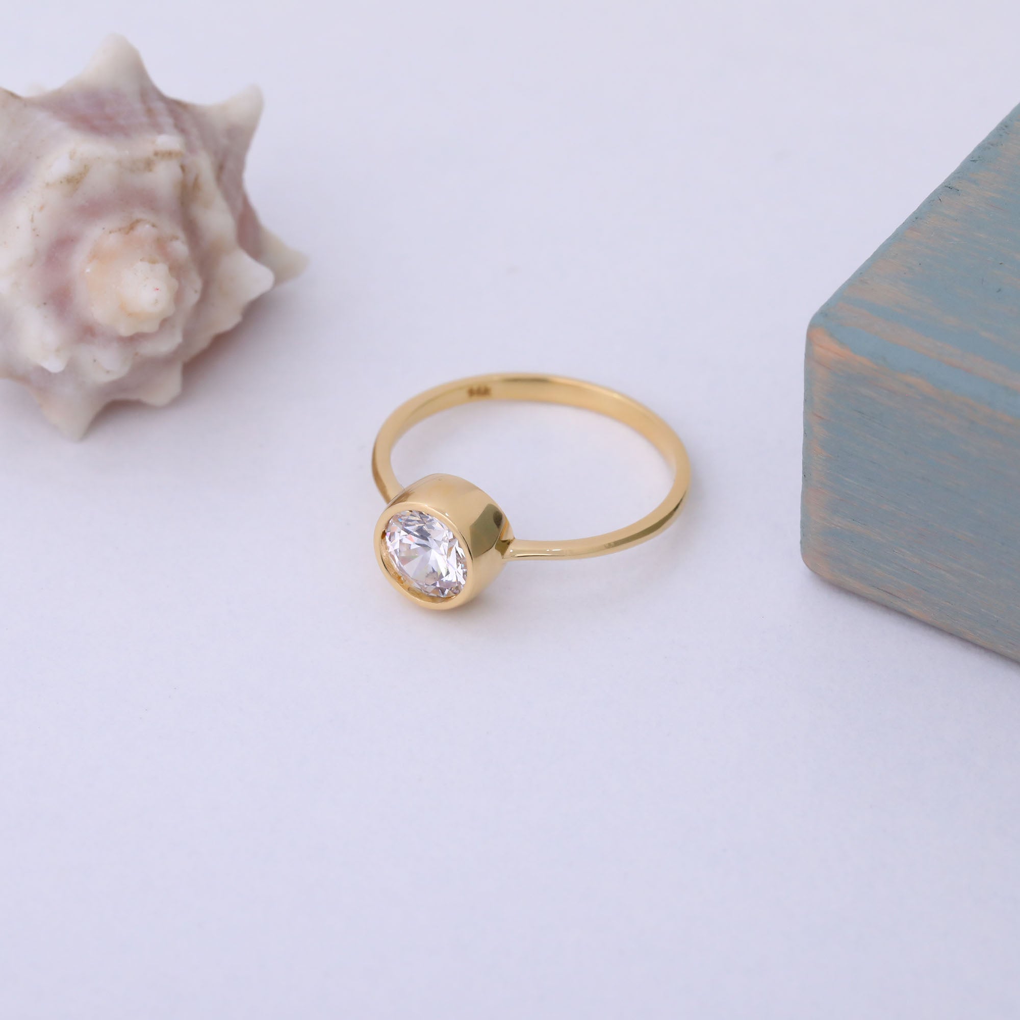 Round White Topaz Bezel Ring in 14K Solid Gold | April Birthstone Queen Jewelry Rings