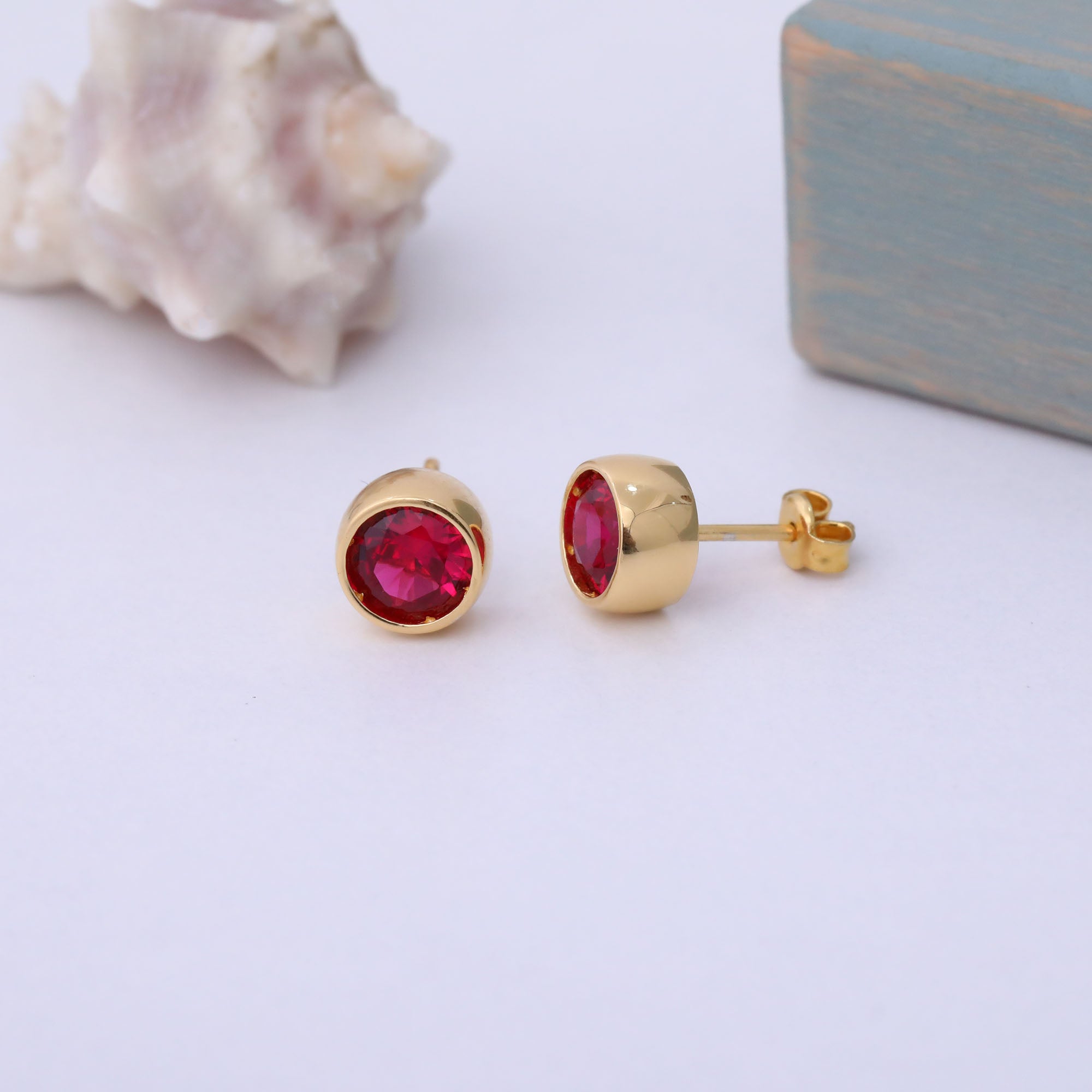 Round Ruby Bezel Stud Earrings in 14K Solid Gold | July Birthstone Queen Jewelry Earrings