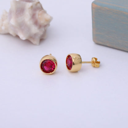 Round Ruby Bezel Stud Earrings in 14K Solid Gold | July Birthstone Queen Jewelry Earrings